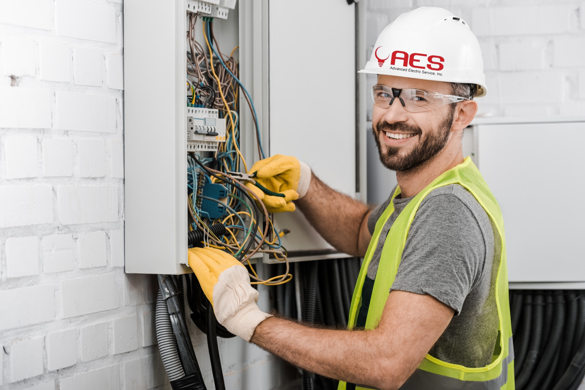 Electrical service workspace with organized tools and installation equipment